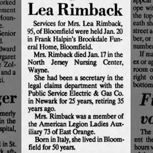 Obituary for Lea Rimback