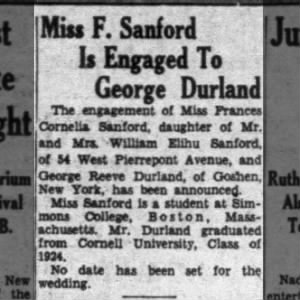Frances C. Sanford engaged to George R. Durland, 15 Sep 1930.